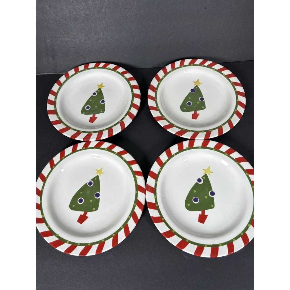 Pier1 Hand-Painted Ironstone China Christmas Tree Plates (4) 8in Holiday